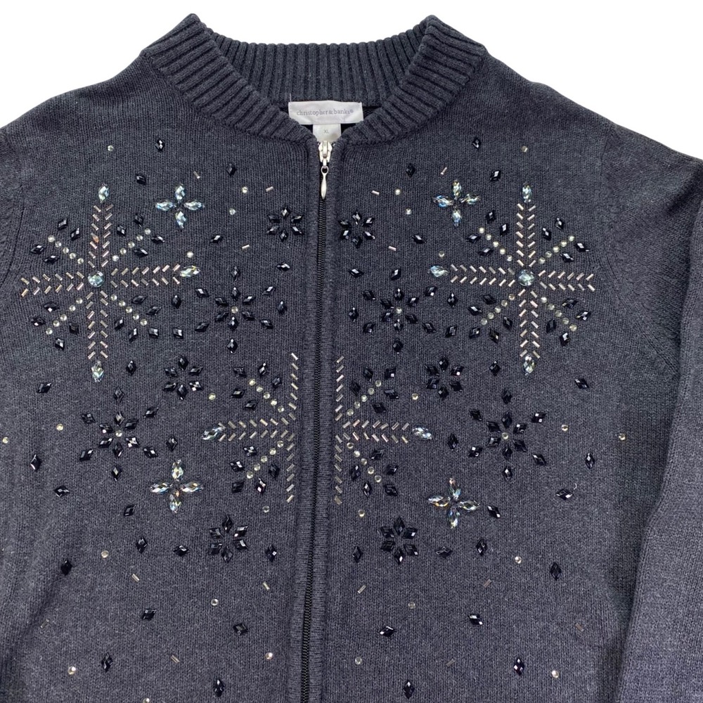 Christopher & Banks Cardigan‎ Sweater Womens XL Charcoal Beaded Snowflake Zip Up